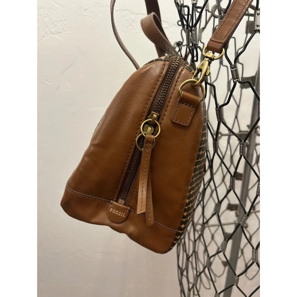 Fossil Sydney Satchel Brown Geometric Dot Pattern Crossbody Bag